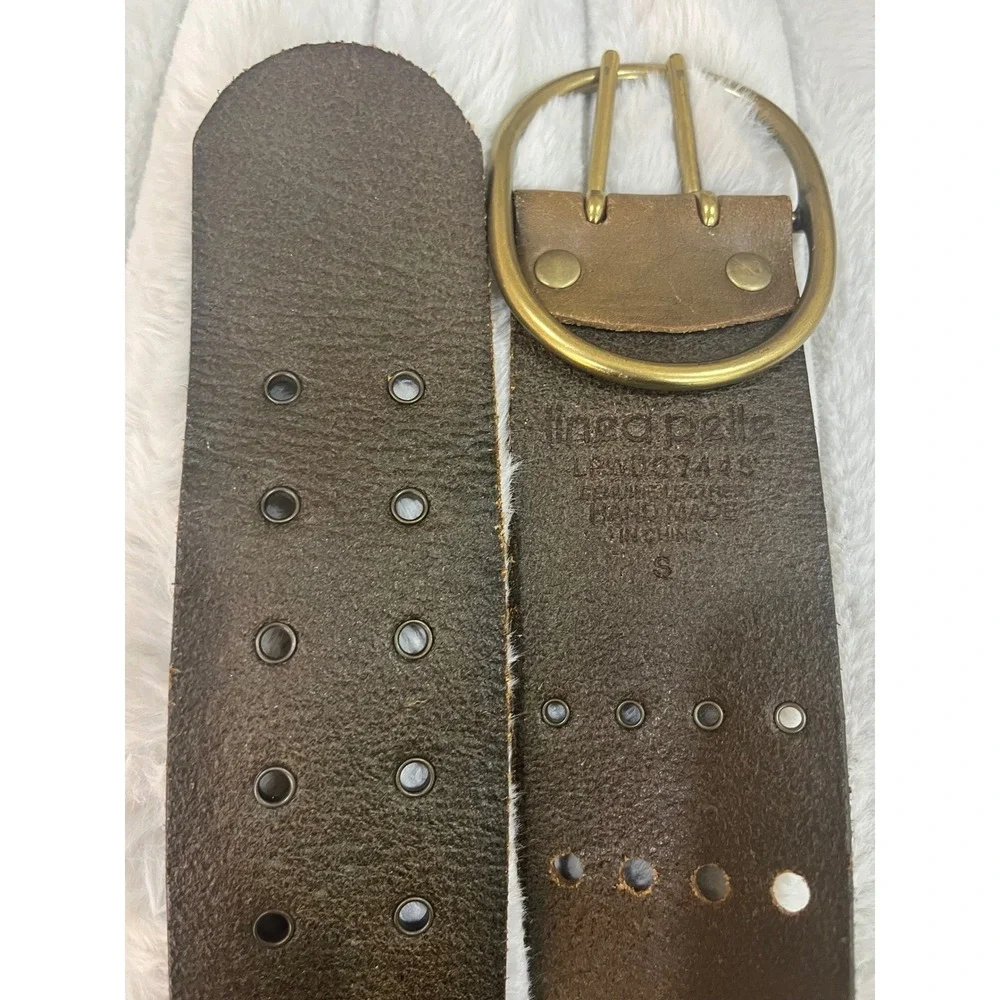 Linea Pelle Wide Leather Grommet Belt Women's Brown Brass‎ Double Prong Buckle S
